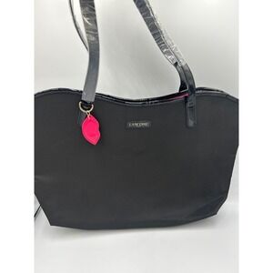 Lancome Paris Black Nylon Tote Bag Scalloped Patent Trim Pink Lip Charm New